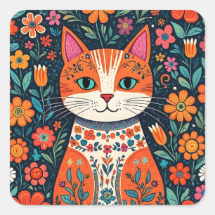 Katt och blommor av vismisk folkart fyrkantigt klistermärke