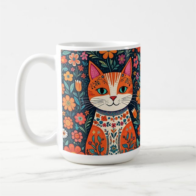 Katt och blommor av vismisk folkart kaffemugg (Vänster)