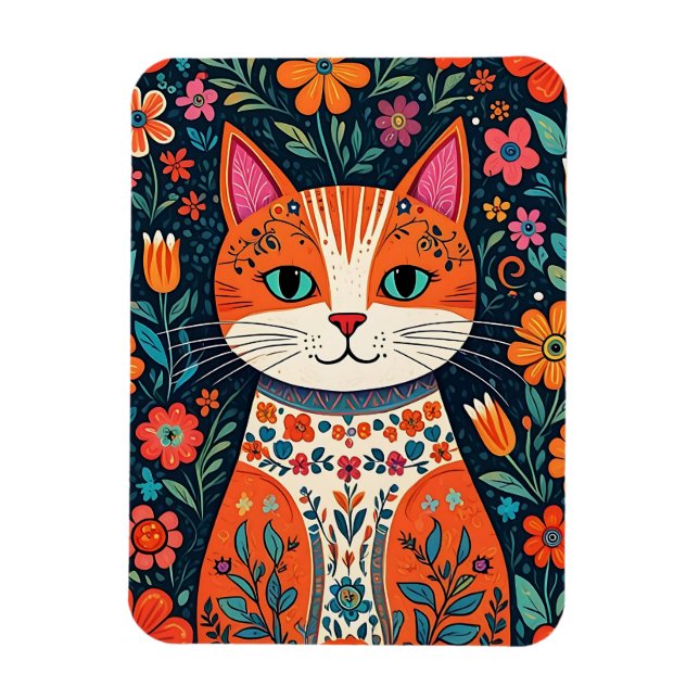 Katt och blommor av vismisk folkart magnet (Vertikal)