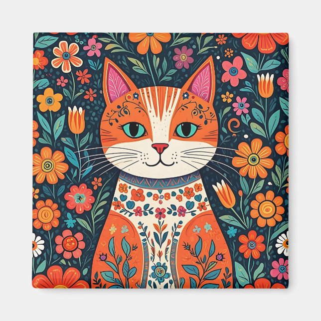 Katt och blommor av vismisk folkart magnet (Framsidan)