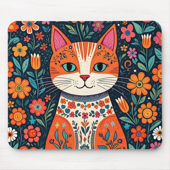 Katt och blommor av vismisk folkart musmatta (Framsidan)