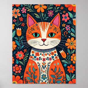 Katt och blommor av vismisk folkart poster