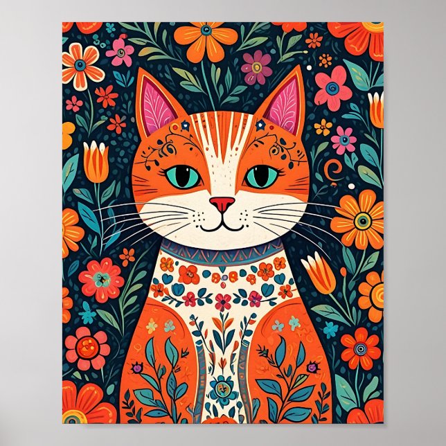 Katt och blommor av vismisk folkart poster (Framsidan)