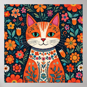 Katt och blommor av vismisk folkart poster
