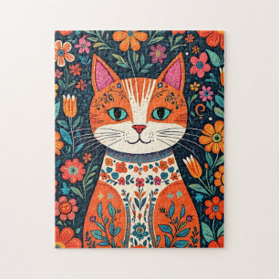 Katt och blommor av vismisk folkart pussel