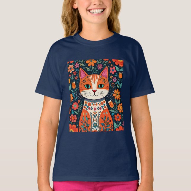 Katt och blommor av vismisk folkart t shirt (Framsida)