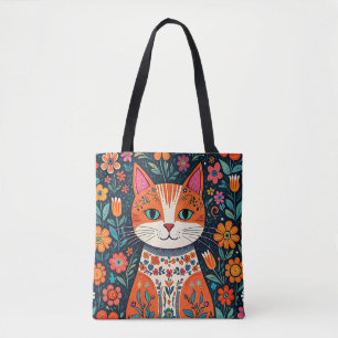 Katt och blommor av vismisk folkart tygkasse