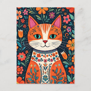 Katt och blommor av vismisk folkart vykort