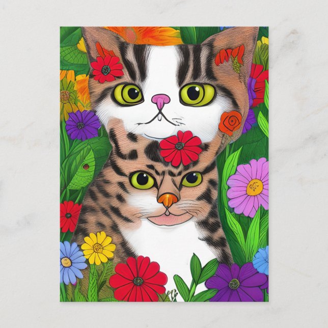 Katt och blommor av vismisk folkart vykort (Framsida)