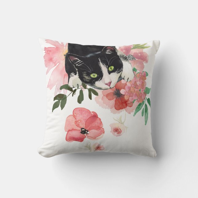 Katt och blommor, dekorativ kudde 16" x 16", (Framsida)