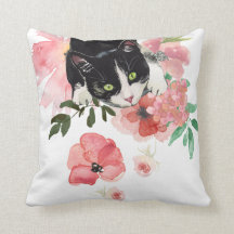 Katt och blommor, dekorativ kudde 16" x 16",