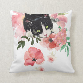 Katt och blommor, dekorativ kudde 16" x 16",