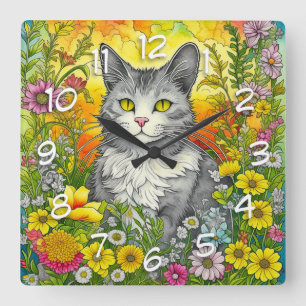 Katt och blommor fyrkantig klocka
