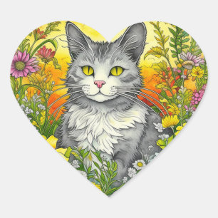 Katt och blommor hjärtformat klistermärke