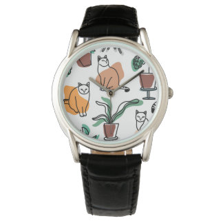 Katt och blommor i teckning-konst armbandsur