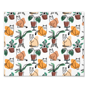 Katt och blommor i teckning-konst fototryck