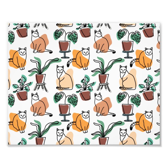 Katt och blommor i teckning-konst fototryck (Framsidan)