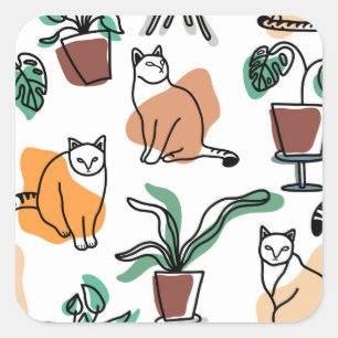 Katt och blommor i teckning-konst fyrkantigt klistermärke