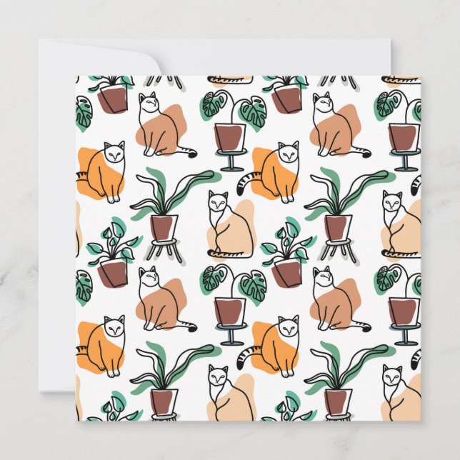 Katt och blommor i teckning-konst julkort (Framsida)