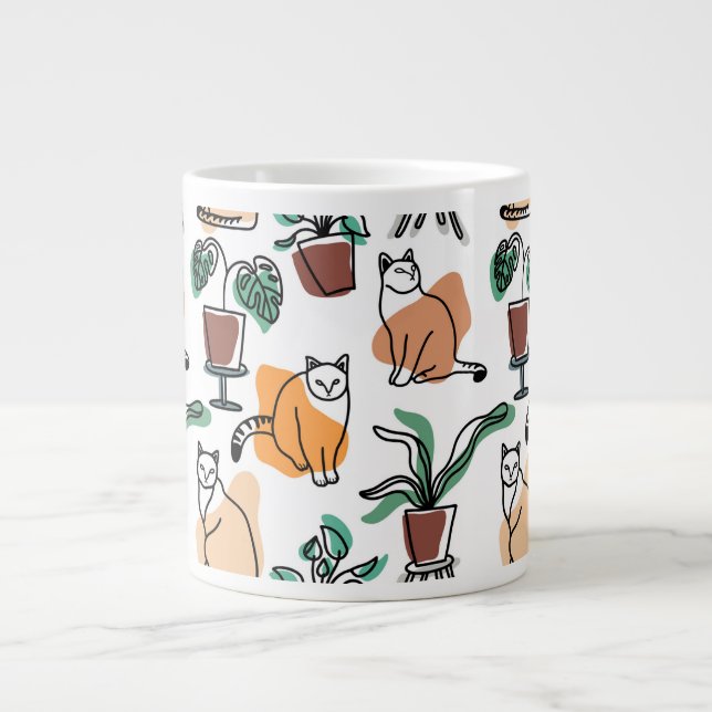 Katt och blommor i teckning-konst jumbo mugg (Framsidan)