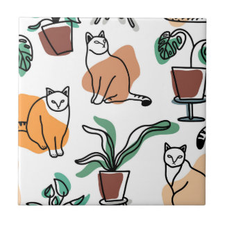 Katt och blommor i teckning-konst kakelplatta