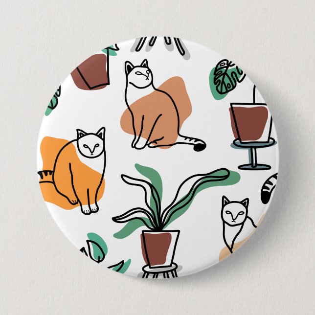 Katt och blommor i teckning-konst knapp (Framsida)