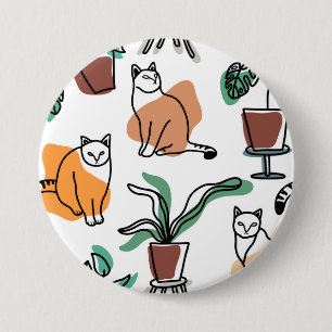 Katt och blommor i teckning-konst knapp