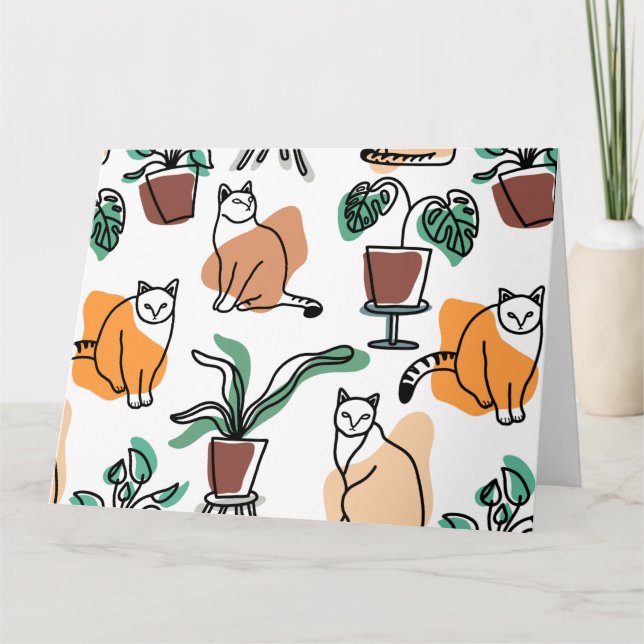 Katt och blommor i teckning-konst kort (Framsida)