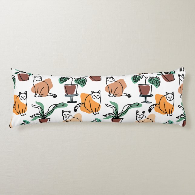 Katt och blommor i teckning-konst kroppskudde (Framsidan)