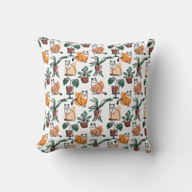 Katt och blommor i teckning-konst kudde (Framsida)