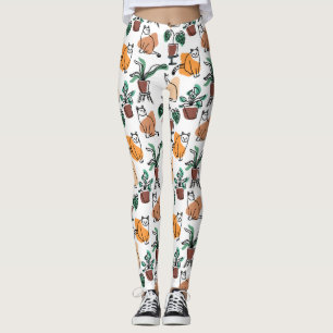 Katt och blommor i teckning-konst leggings