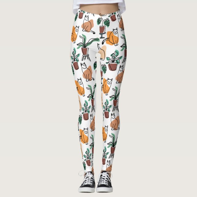 Katt och blommor i teckning-konst leggings (Framsida)