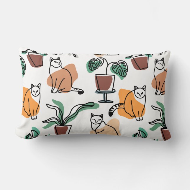 Katt och blommor i teckning-konst lumbarkudde (Framsida)