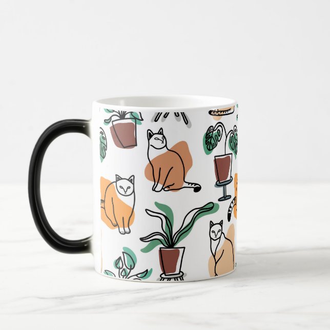 Katt och blommor i teckning-konst magisk mugg (Vänster)