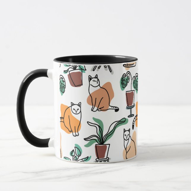 Katt och blommor i teckning-konst mugg (Vänster)