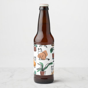 Katt och blommor i teckning-konst ölflaska etikett