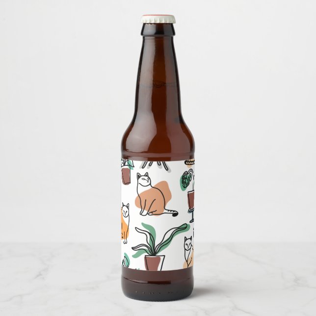 Katt och blommor i teckning-konst ölflaska etikett (Framsida)