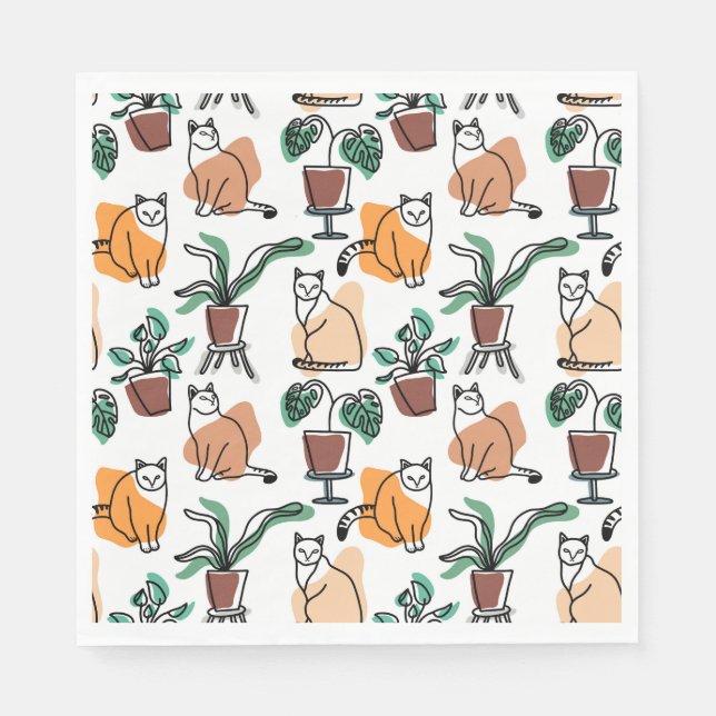 Katt och blommor i teckning-konst pappersservett (Framsidan)