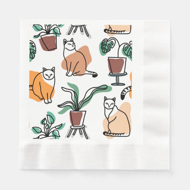 Katt och blommor i teckning-konst pappersservett (Framsidan)