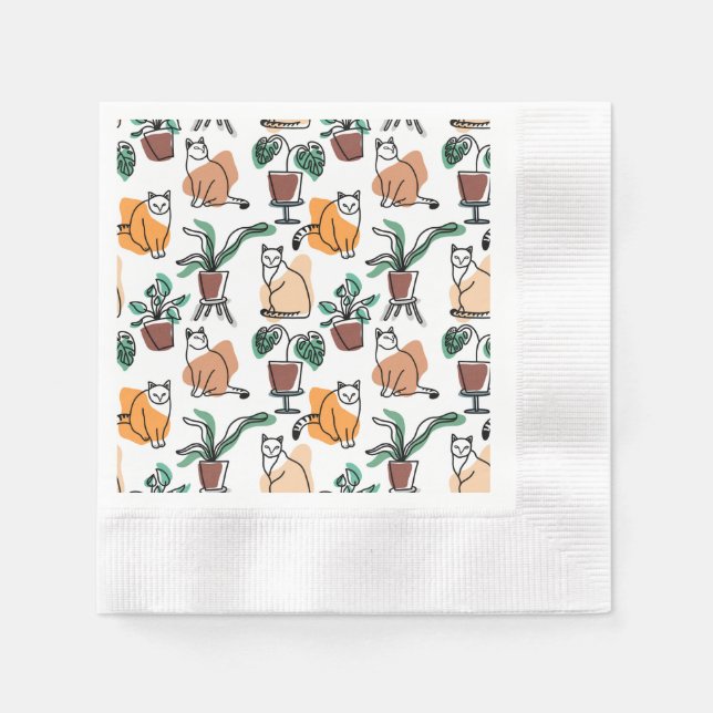 Katt och blommor i teckning-konst pappersservett (Framsidan)