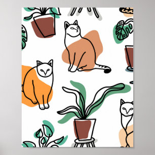 Katt och blommor i teckning-konst poster