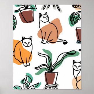 Katt och blommor i teckning-konst poster