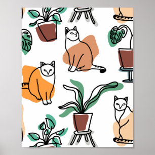 Katt och blommor i teckning-konst poster