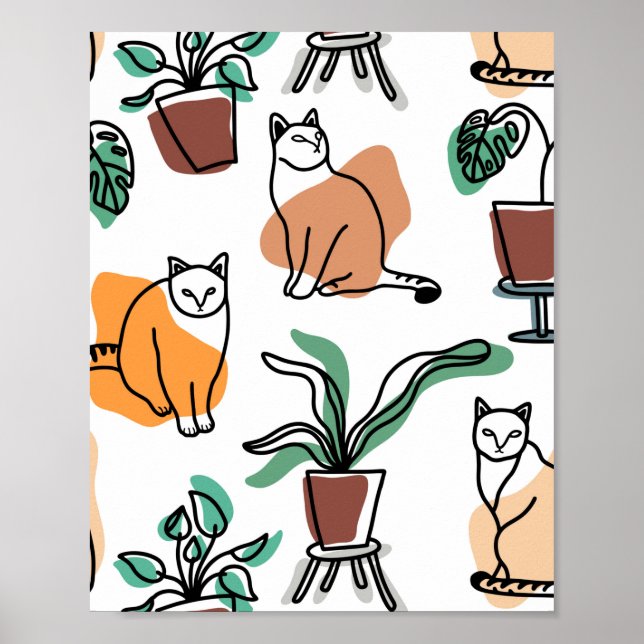 Katt och blommor i teckning-konst poster (Framsidan)