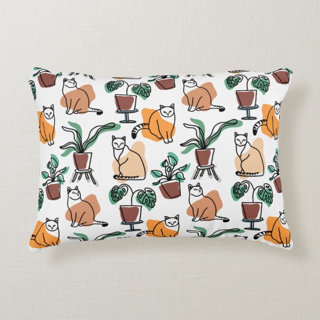 Katt och blommor i teckning-konst prydnadskudde (Framsidan)