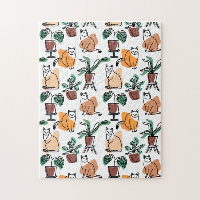 Katt och blommor i teckning-konst pussel (Vertikal)