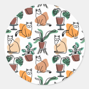 Katt och blommor i teckning-konst runt klistermärke