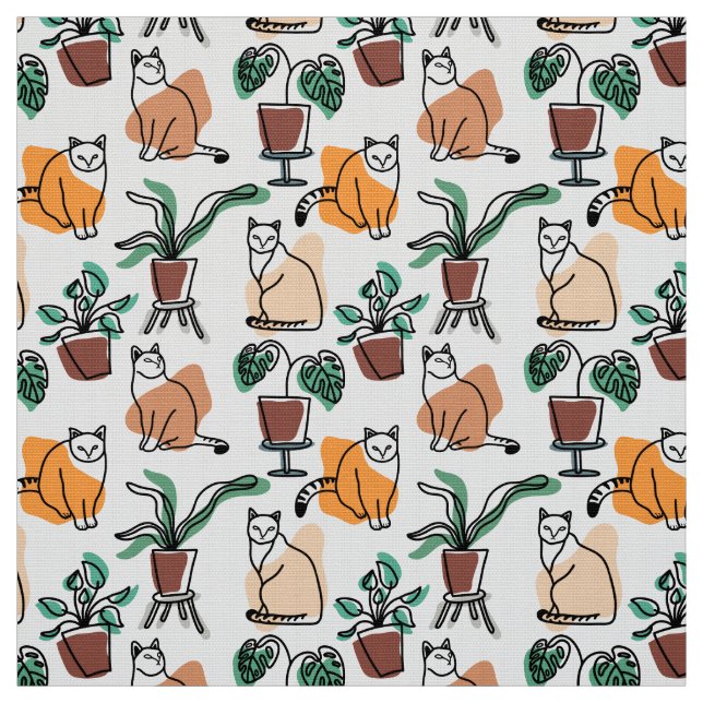 Katt och blommor i teckning-konst tyg (Provkarta)