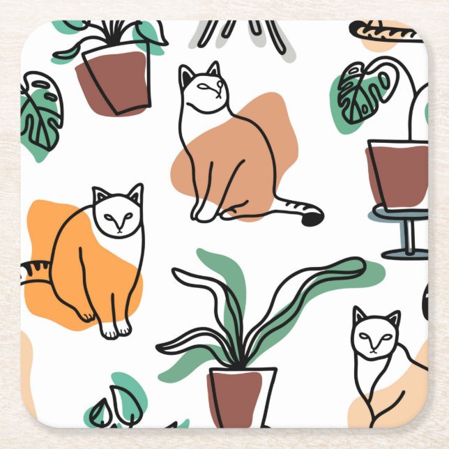 Katt och blommor i teckning-konst underlägg papper kvadrat (Framsidan)