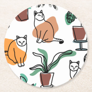 Katt och blommor i teckning-konst underlägg papper rund